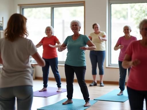Seniors participating in a gentle exercise class
