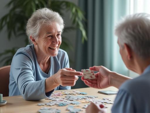 Caregiver engaging with a senior in a memory care activity