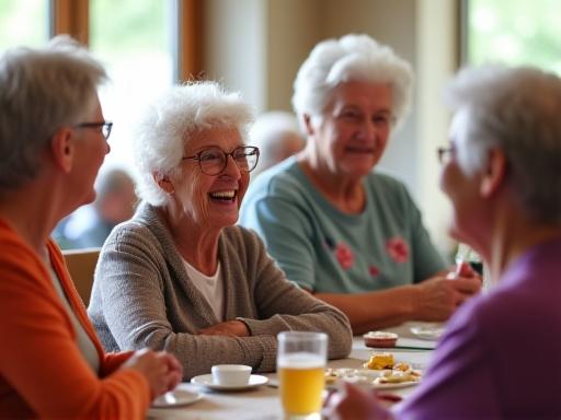 Seniors laughing and socializing at a community event